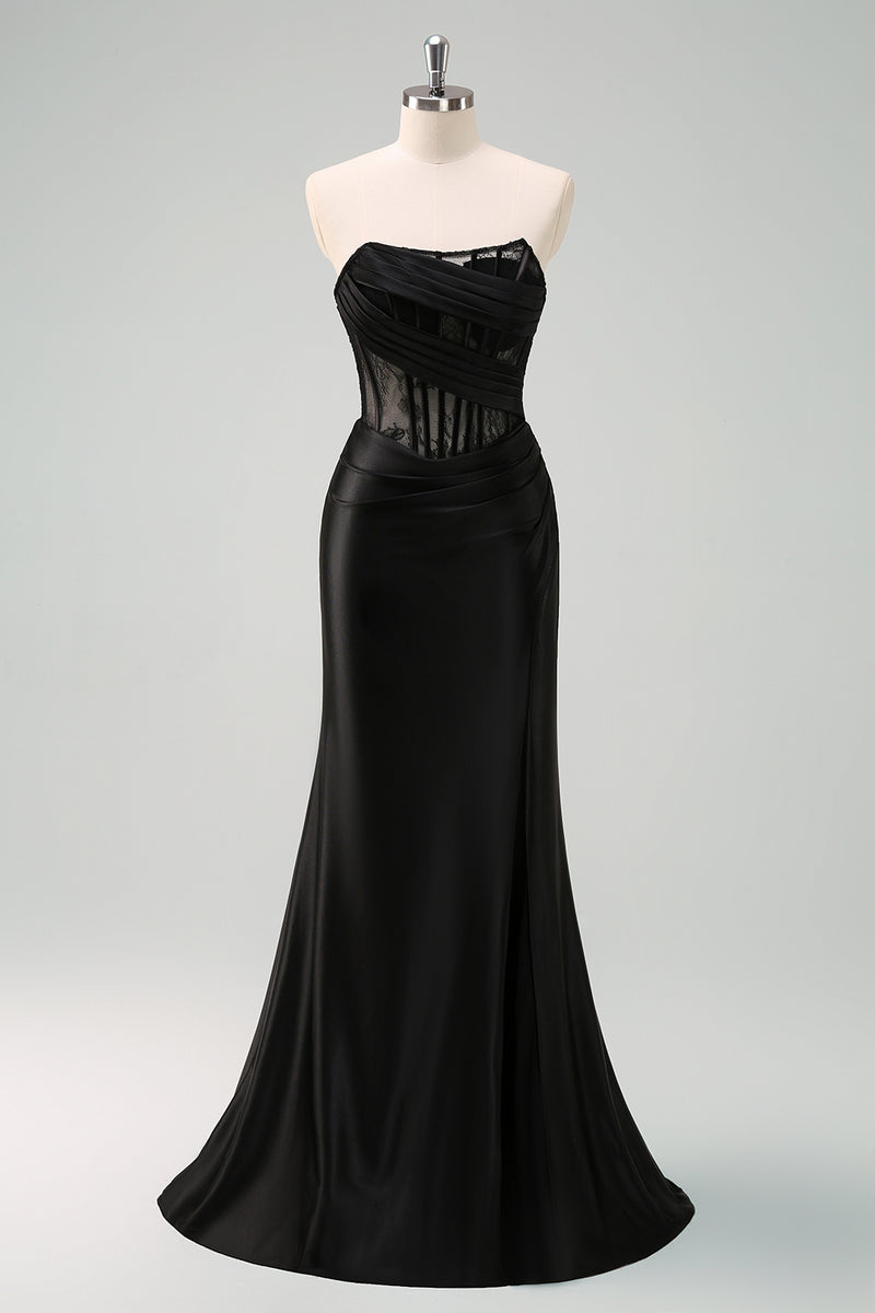 Load image into Gallery viewer, Black Strapless Mermaid Ruched Corset Long Prom Dress