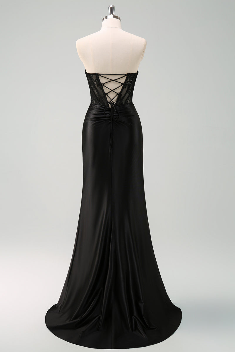 Load image into Gallery viewer, Black Strapless Mermaid Ruched Corset Long Prom Dress