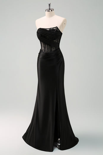 Black Strapless Mermaid Ruched Corset Long Prom Dress