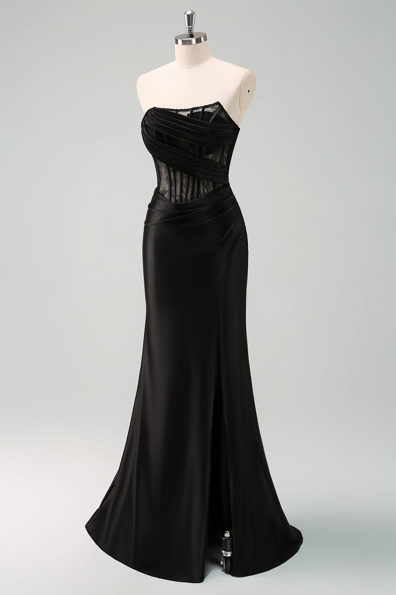 Load image into Gallery viewer, Black Strapless Mermaid Ruched Corset Long Prom Dress