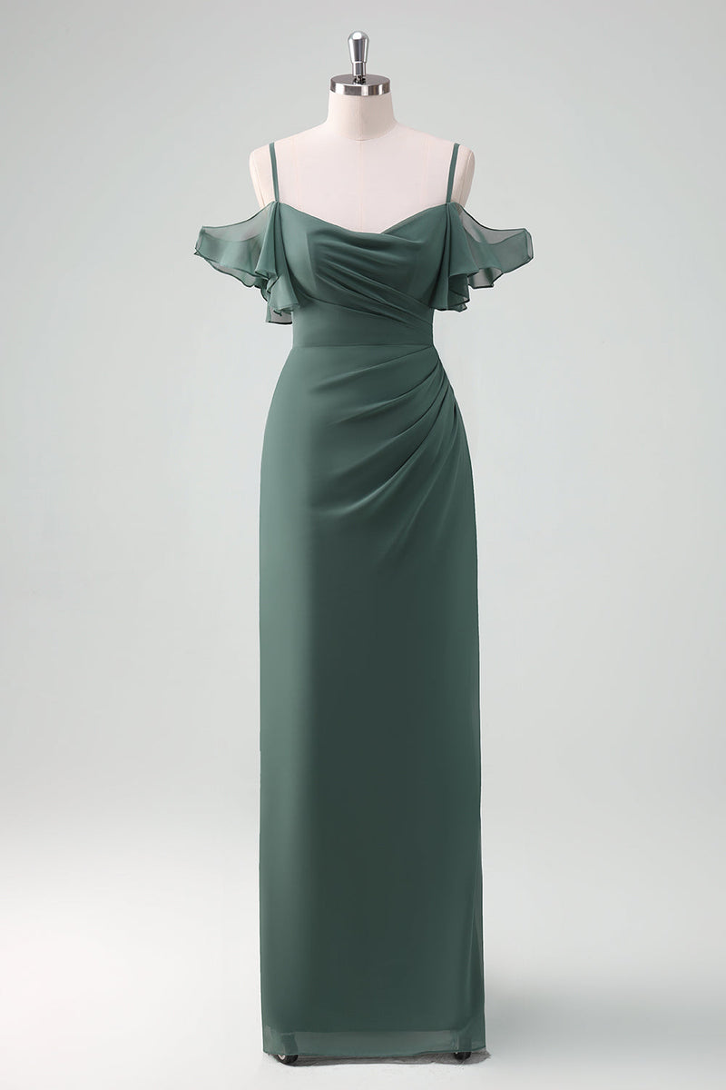 Load image into Gallery viewer, Eucalyptus Spaghetti Straps Sheath Long Chiffon Bridesmaid Dress