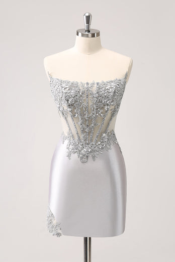 Silver Strapless Sequins Corset Tight Graduation Dress