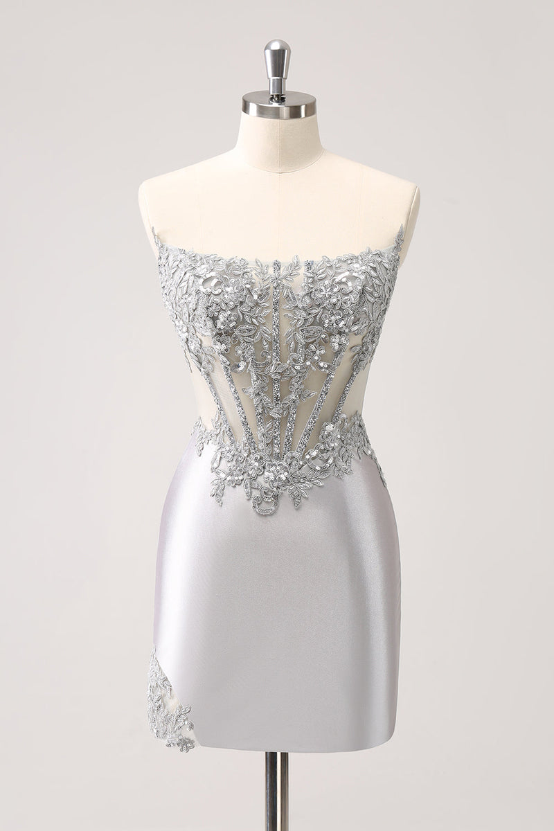 Load image into Gallery viewer, Silver Strapless Sequins Corset Tight Graduation Dress