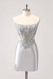 Silver Strapless Sequins Corset Tight Graduation Dress