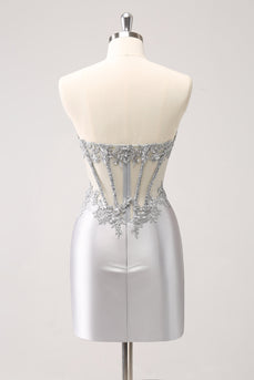 Silver Strapless Sequins Corset Tight Graduation Dress