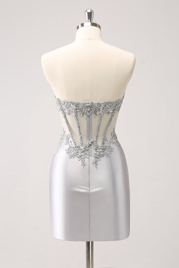 Silver Strapless Sequins Corset Tight Graduation Dress