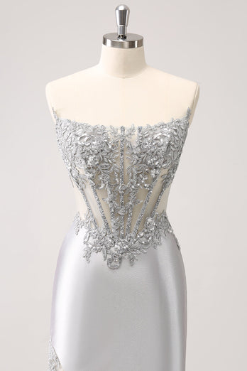 Silver Strapless Sequins Corset Tight Graduation Dress