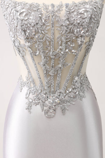 Silver Strapless Sequins Corset Tight Graduation Dress