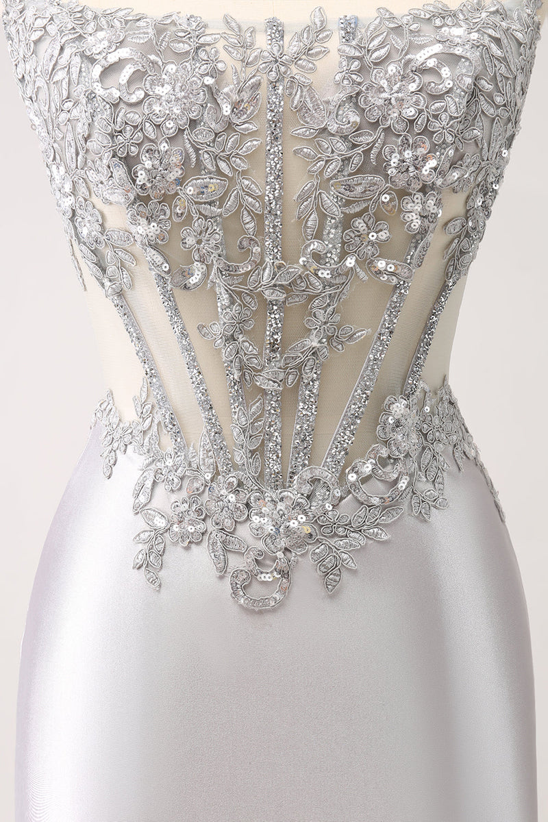 Load image into Gallery viewer, Silver Strapless Sequins Corset Tight Graduation Dress