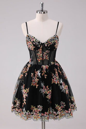 Sparkly Black A-Line Floral Short Graduation Dress