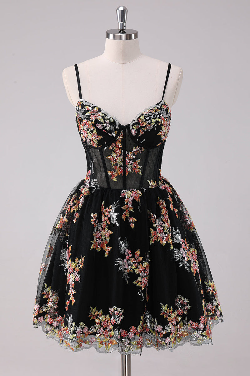 Load image into Gallery viewer, Sparkly Black A-Line Floral Short Graduation Dress