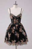 Sparkly Black A-Line Floral Short Graduation Dress