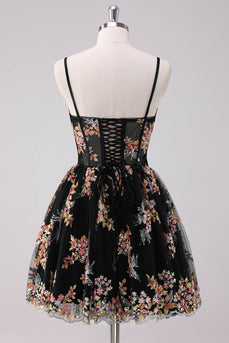 Sparkly Black A-Line Floral Short Graduation Dress