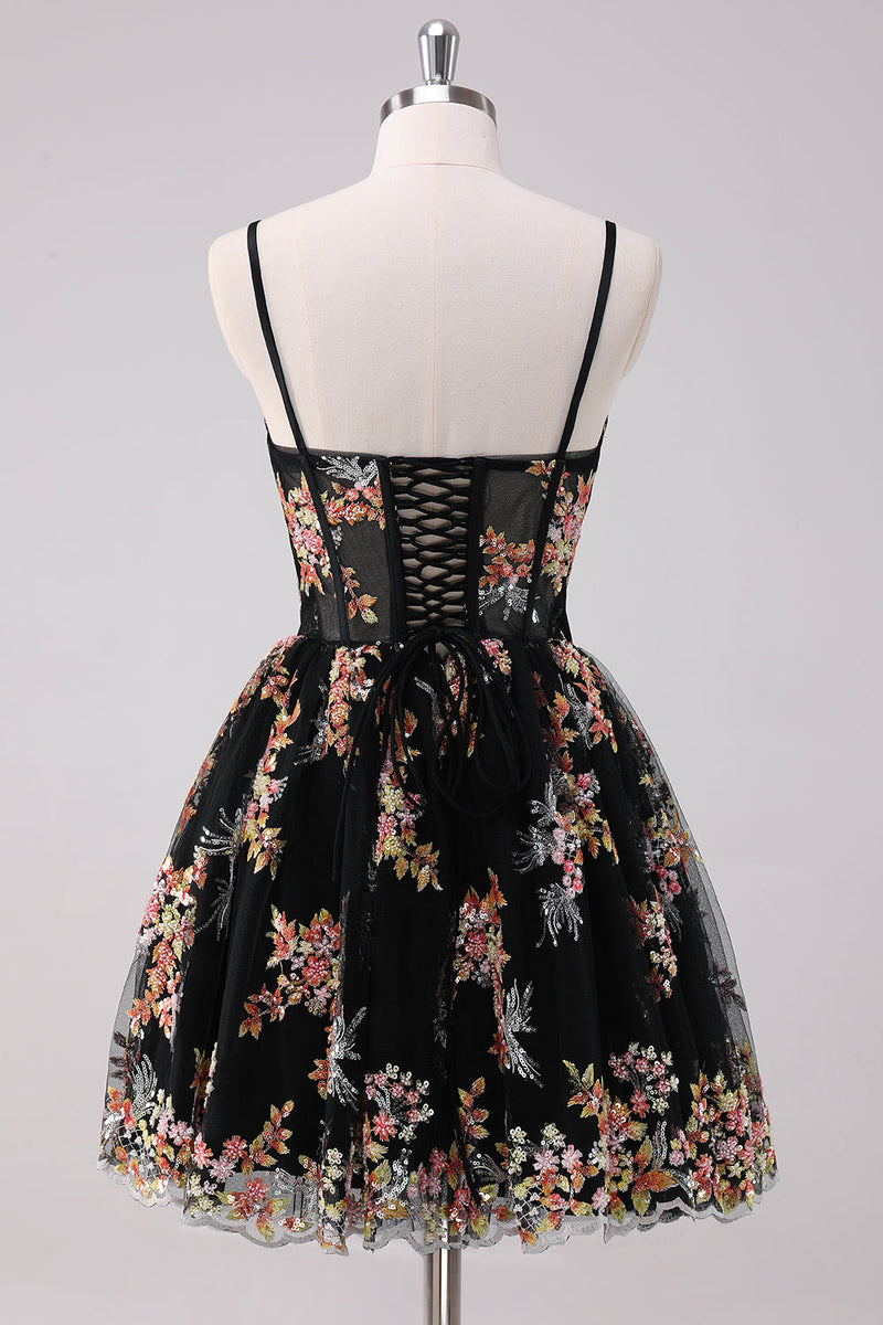 Load image into Gallery viewer, Sparkly Black A-Line Floral Short Graduation Dress