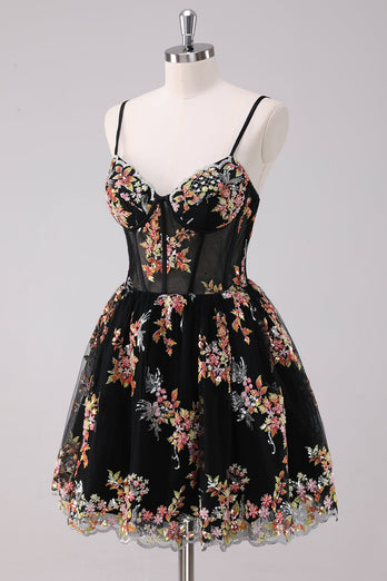 Sparkly Black A-Line Floral Short Graduation Dress