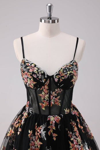 Sparkly Black A-Line Floral Short Graduation Dress