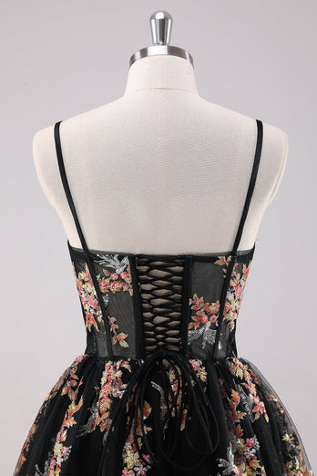 Sparkly Black A-Line Floral Short Graduation Dress