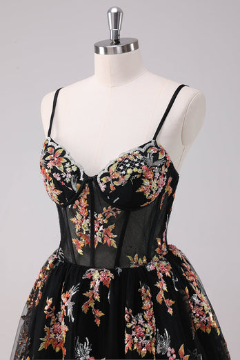 Sparkly Black A-Line Floral Short Graduation Dress