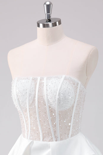 Sparkly White A Line Strapless Short Graduation Dress