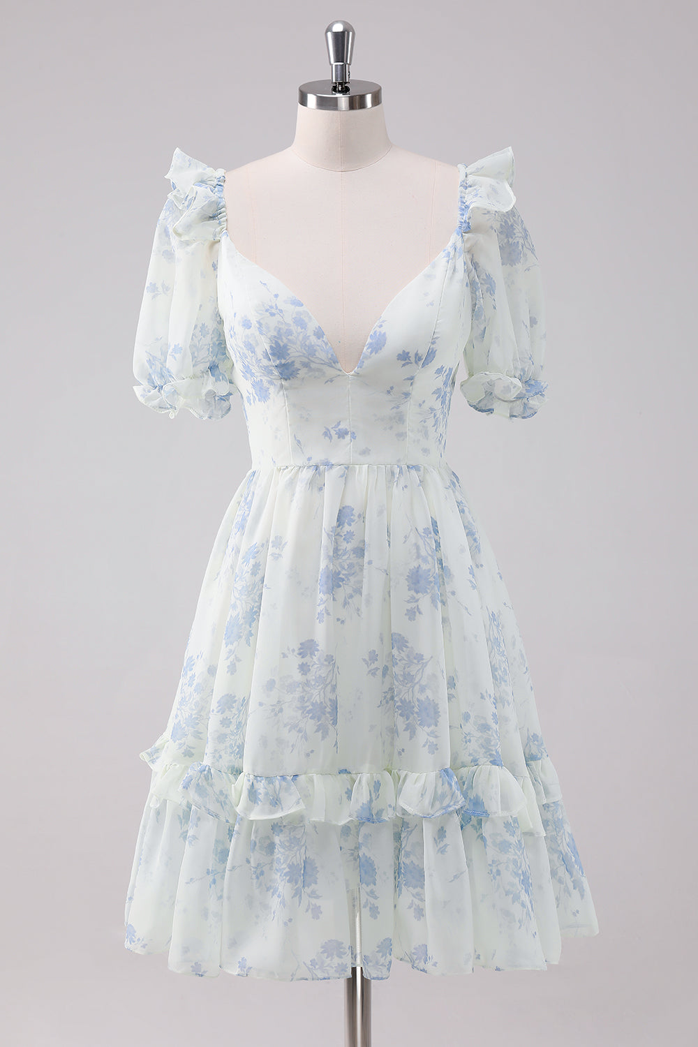 Light Blue Floral Short Graduation Dress with Short Sleeves