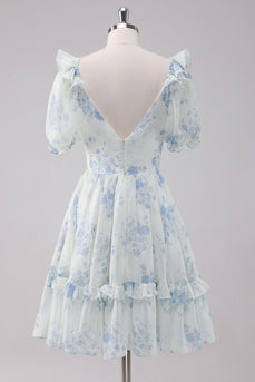 Light Blue Floral Short Graduation Dress with Short Sleeves