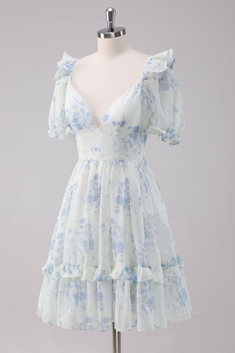 Load image into Gallery viewer, Light Blue Floral Short Graduation Dress with Short Sleeves