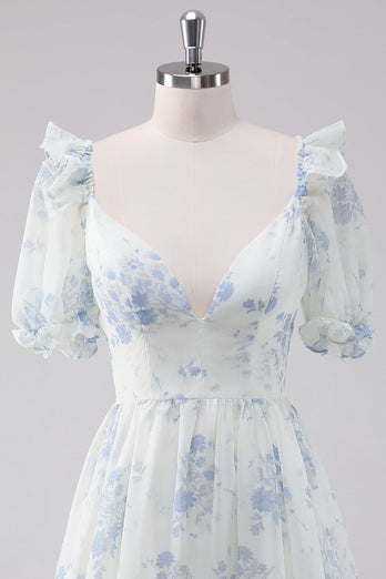 Light Blue Floral Short Graduation Dress with Short Sleeves