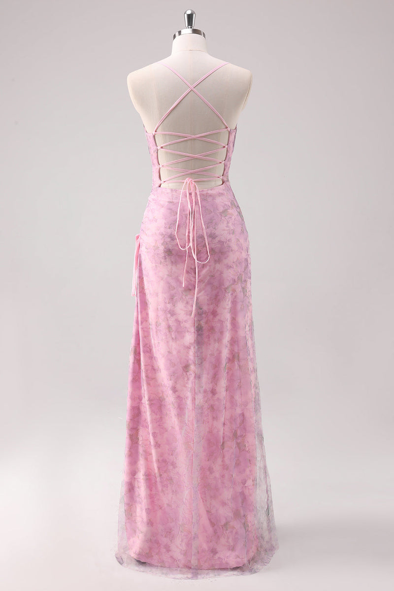 Load image into Gallery viewer, Pink Floral Spaghetti Straps Sheath Long Prom Dress