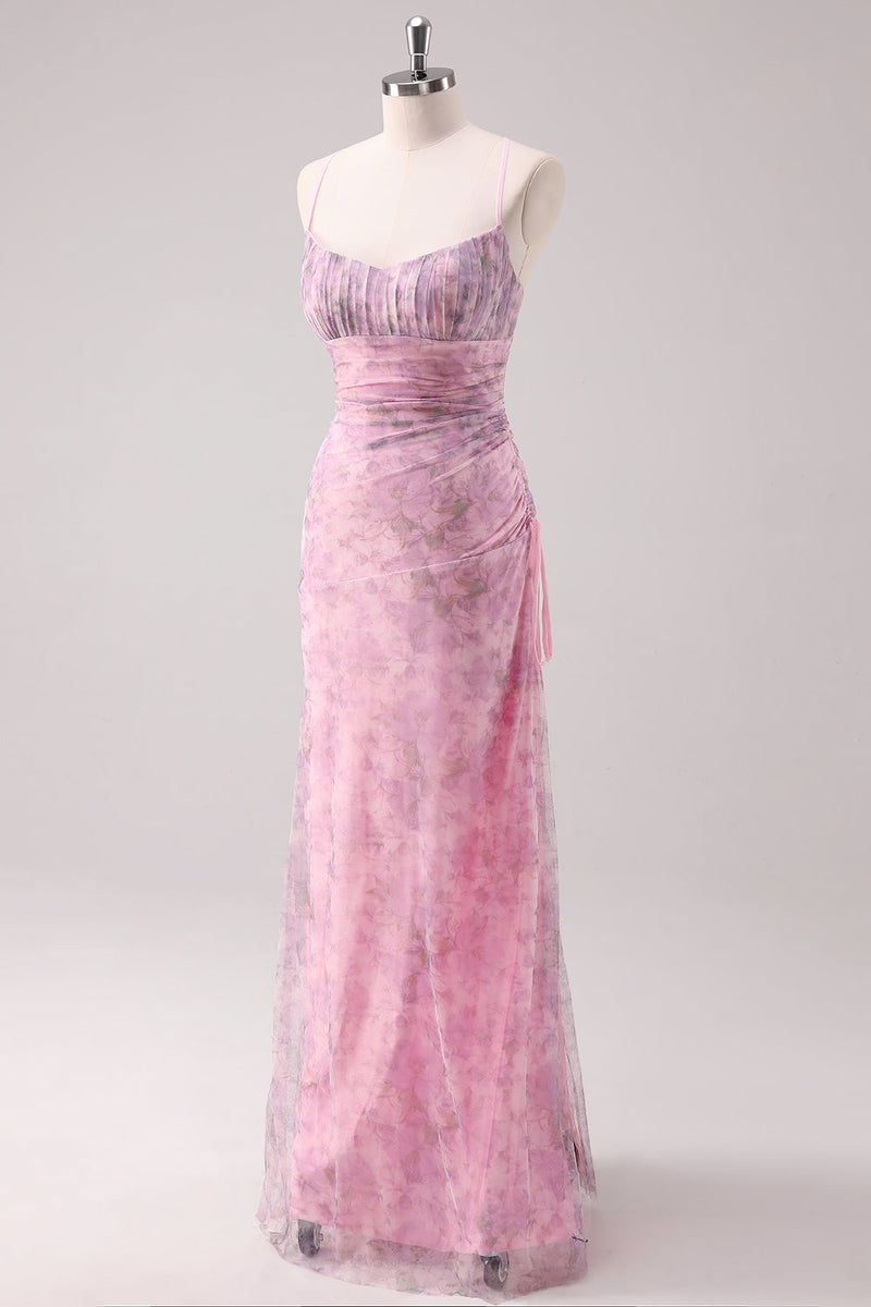 Load image into Gallery viewer, Pink Floral Spaghetti Straps Sheath Long Prom Dress