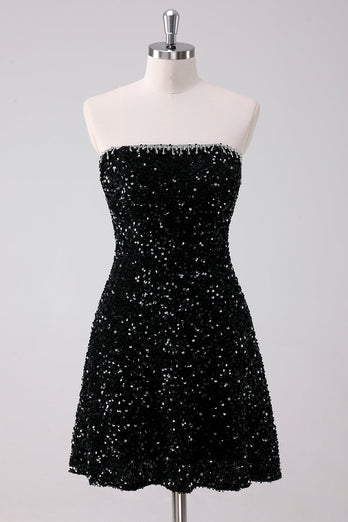 Sparkly Black A-Line Strapless Sequins Short Graduation Dress