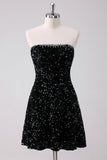 Sparkly Black A-Line Strapless Sequins Short Graduation Dress