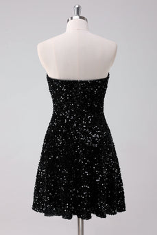 Sparkly Black A-Line Strapless Sequins Short Graduation Dress