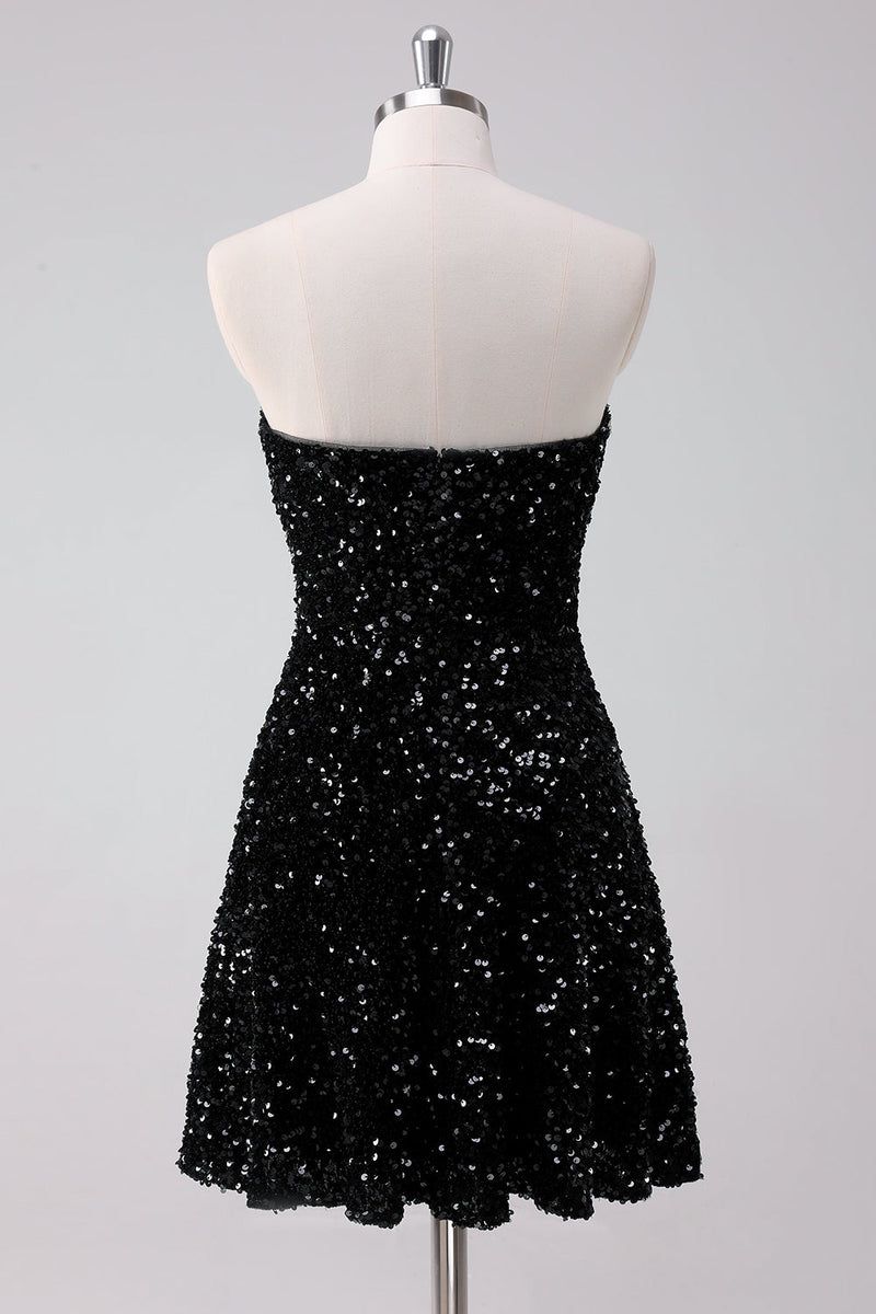 Load image into Gallery viewer, Sparkly Black A-Line Strapless Sequins Short Graduation Dress