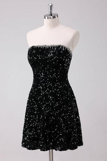 Sparkly Black A-Line Strapless Sequins Short Graduation Dress