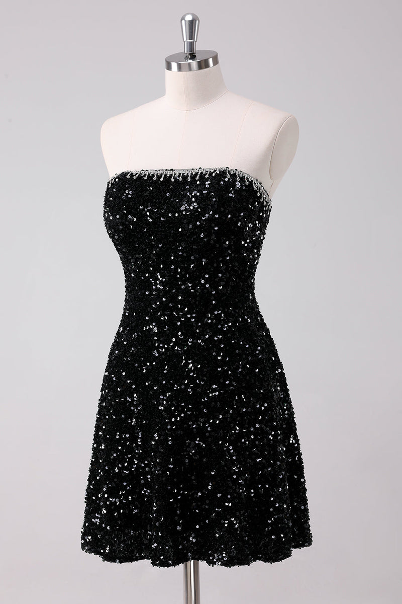 Load image into Gallery viewer, Sparkly Black A-Line Strapless Sequins Short Graduation Dress