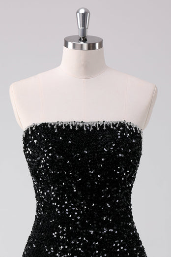 Sparkly Black A-Line Strapless Sequins Short Graduation Dress