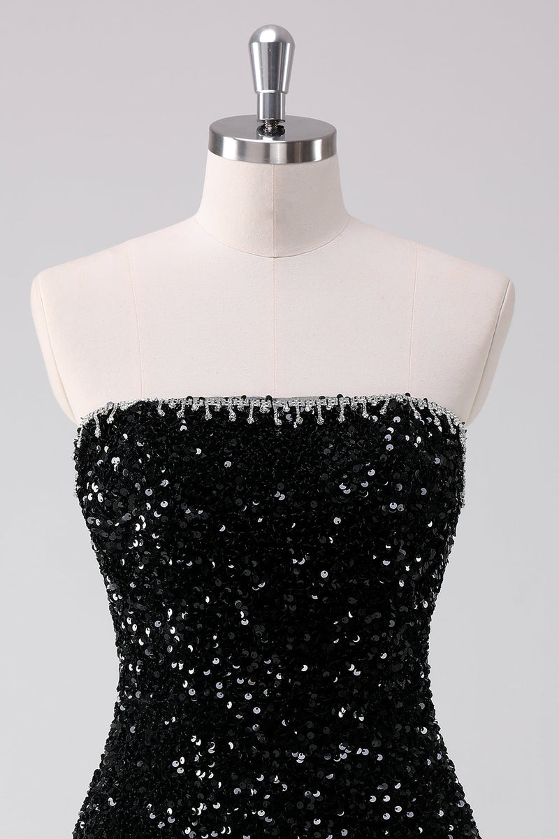 Load image into Gallery viewer, Sparkly Black A-Line Strapless Sequins Short Graduation Dress