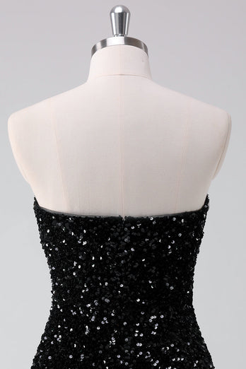 Sparkly Black A-Line Strapless Sequins Short Graduation Dress