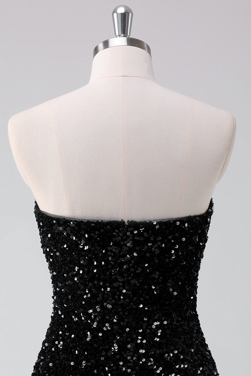 Load image into Gallery viewer, Sparkly Black A-Line Strapless Sequins Short Graduation Dress