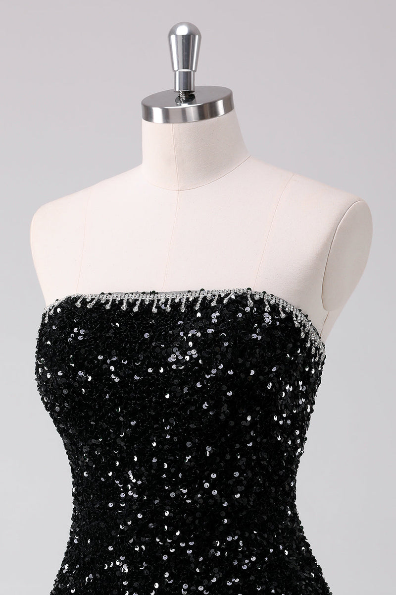 Load image into Gallery viewer, Sparkly Black A-Line Strapless Sequins Short Graduation Dress