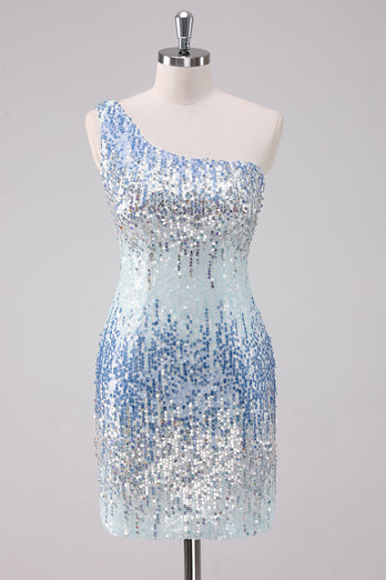 Sparkly Light Blue One Shoulder Sequins Bodycon Short Graduation Dress