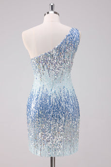 Sparkly Light Blue One Shoulder Sequins Bodycon Short Graduation Dress