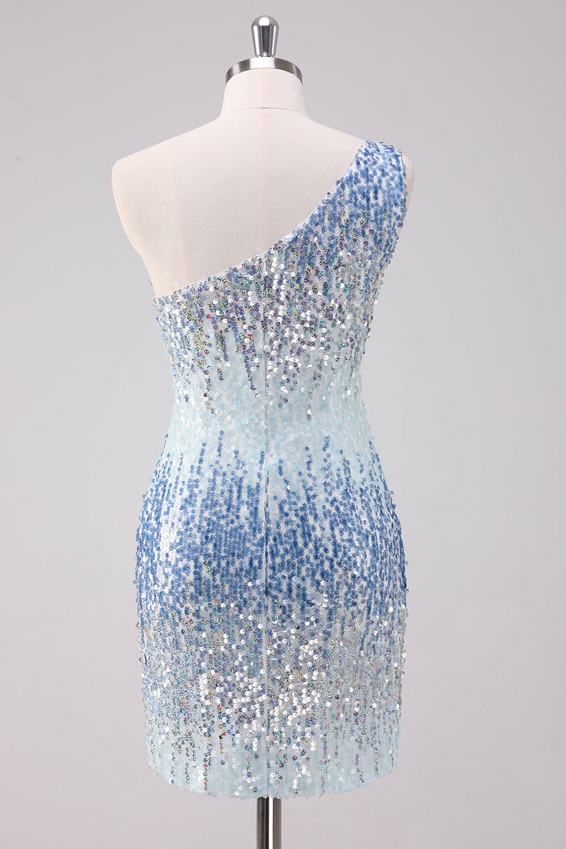 Load image into Gallery viewer, Sparkly Light Blue One Shoulder Sequins Bodycon Short Graduation Dress