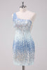 Load image into Gallery viewer, Sparkly Light Blue One Shoulder Sequins Bodycon Short Graduation Dress