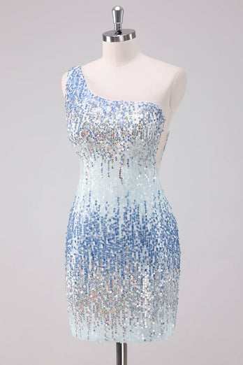 Sparkly Light Blue One Shoulder Sequins Bodycon Short Graduation Dress