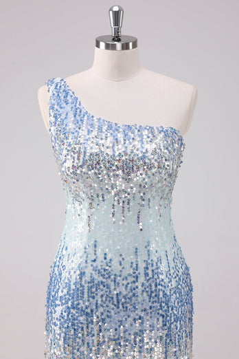 Sparkly Light Blue One Shoulder Sequins Bodycon Short Graduation Dress