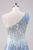 Load image into Gallery viewer, Sparkly Light Blue One Shoulder Sequins Bodycon Short Graduation Dress