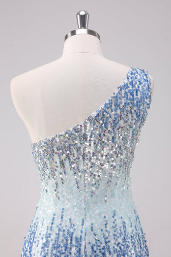 Sparkly Light Blue One Shoulder Sequins Bodycon Short Graduation Dress