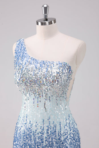 Sparkly Light Blue One Shoulder Sequins Bodycon Short Graduation Dress