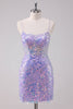 Load image into Gallery viewer, Sparkly Purple Bodycon Spaghetti Straps Sequins Short Graduation Dress